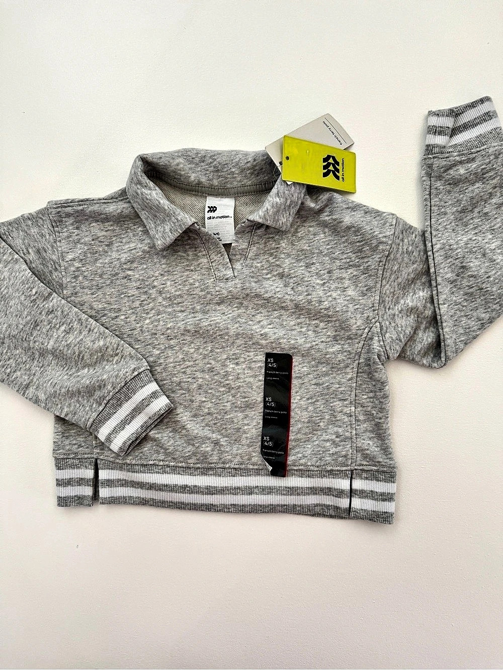 All in Motion Girls French Terry Polo Sweatshirt Gray Striped XS